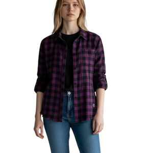 Victoria’s Secret Pink Plaid Ruffle button down purple black small